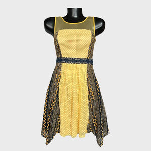 Anthropologie Ryu Lace Mini Dress Yellow Navy Blue Sharkbite Hem Swiss Dots Cute